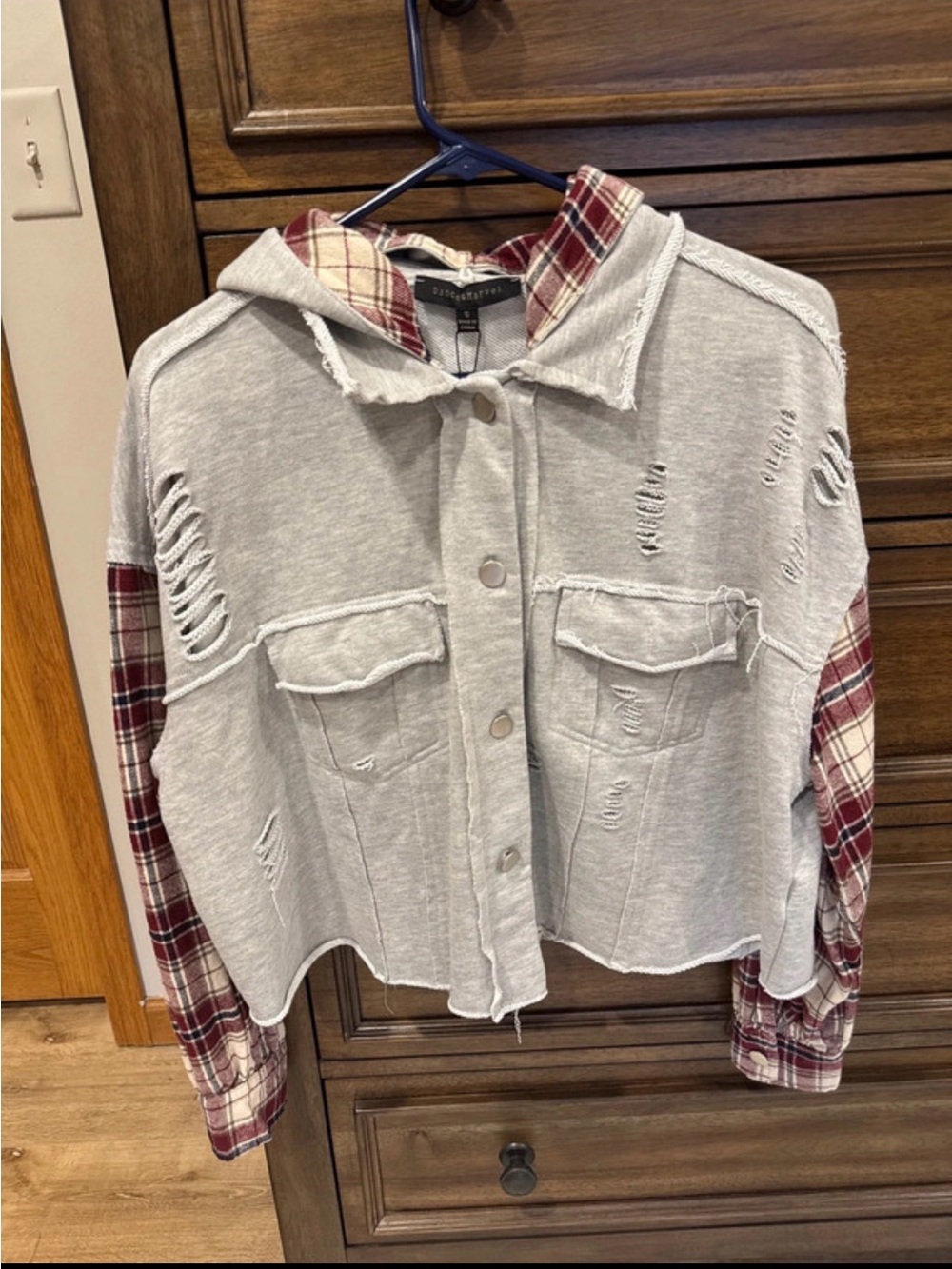 Dance & Marvel Gray Distressed Hooded Jacket with Red Plaid Sleeves